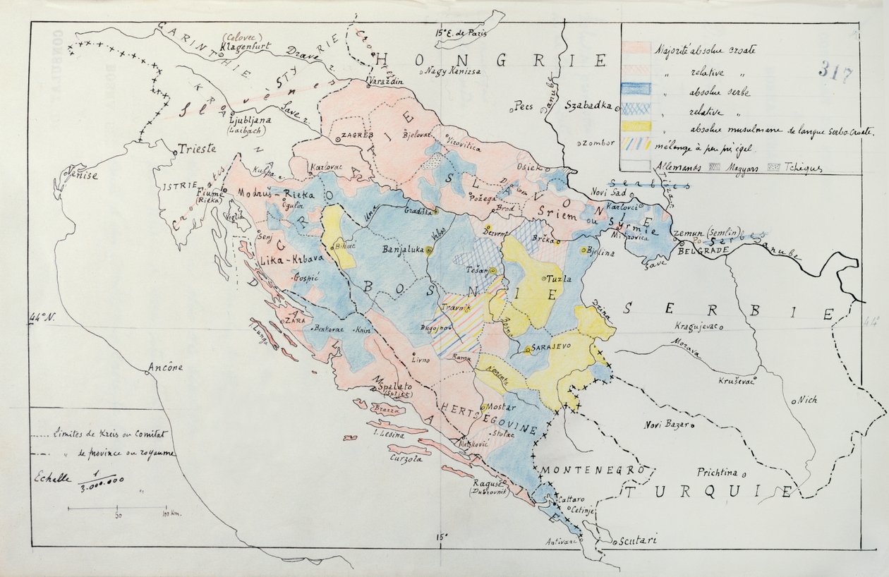 خريطة البوسنة مع تفاصيل المناطق التي تشغلها الأقليات العرقية ، 1910 (قلم وحبر ومرحاض) بواسطة المدرسة الفرنسية