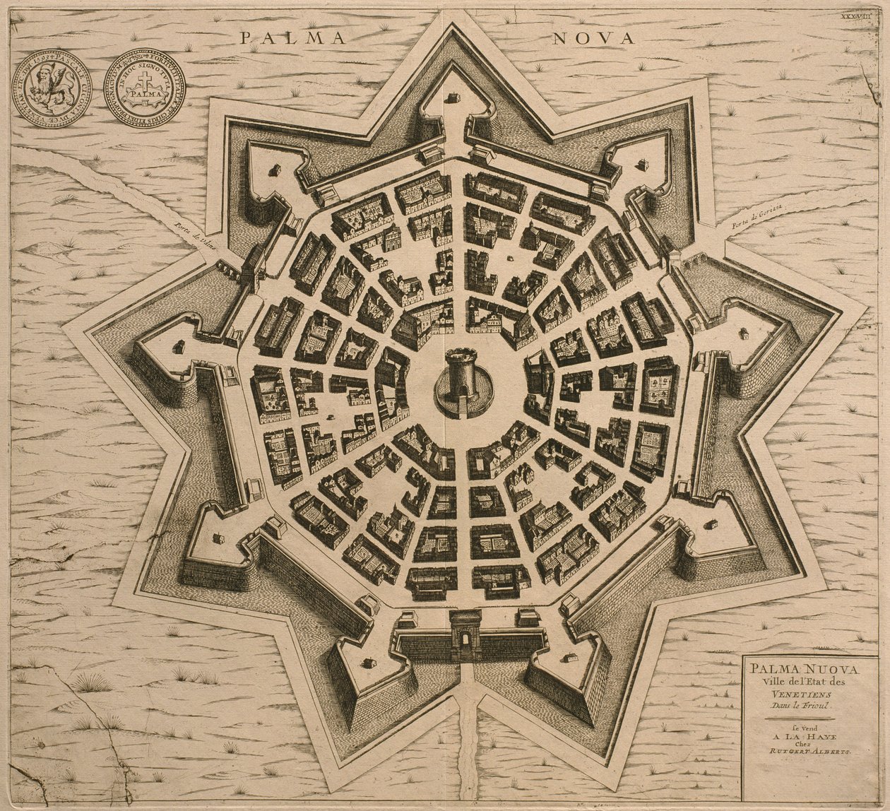 خريطة بالمانوفا ، من Les Villes de Venetie ، 1704 ، نشرها Rutgert Alberts في لاهاي بواسطة المدرسة الفرنسية