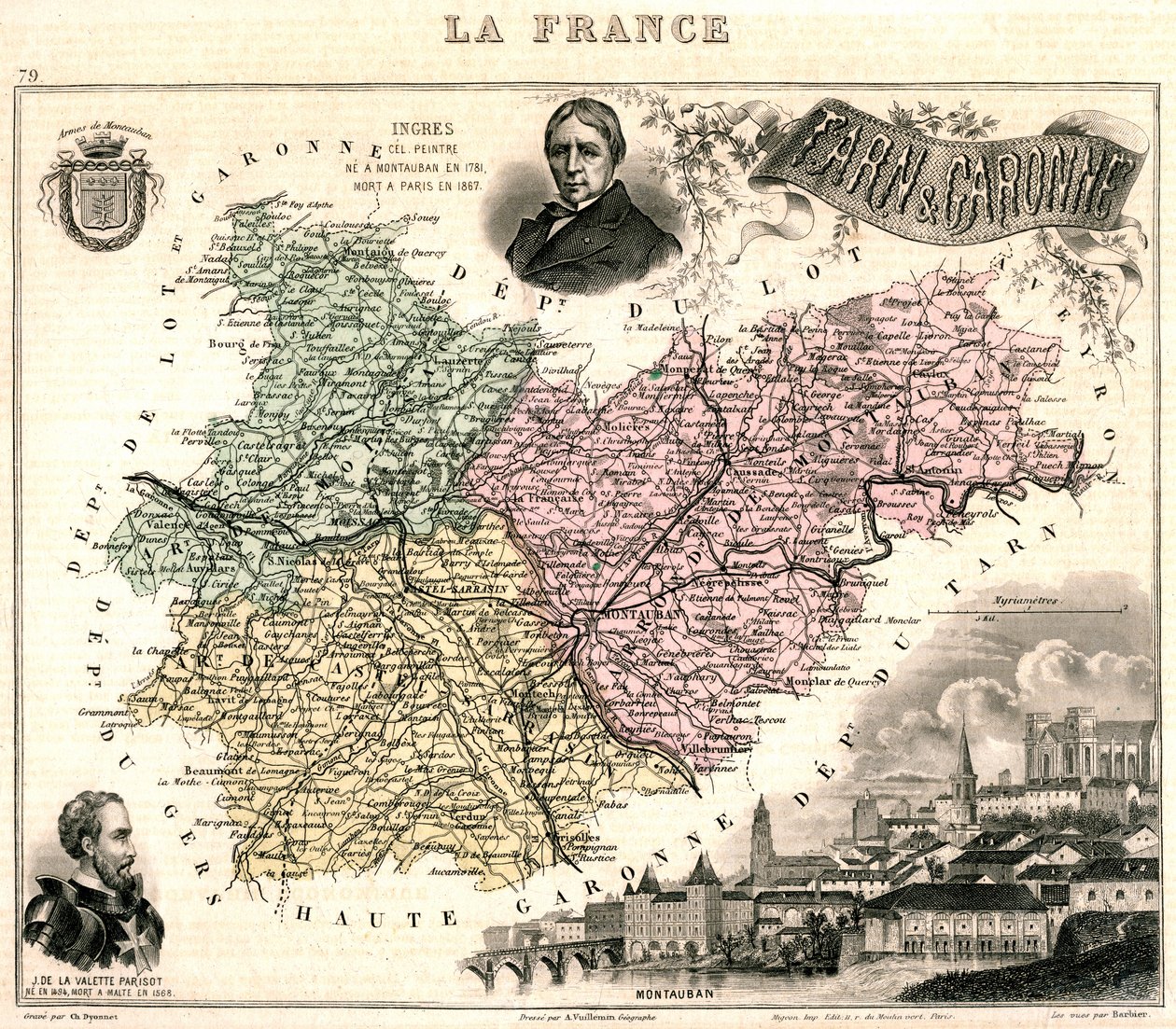 خريطة Tarn-et-Garonne مع إطلالة على مونتوبان وصور إنجرس وجان باريسو دي لا فاليت (لون ليثو) بواسطة المدرسة الفرنسية