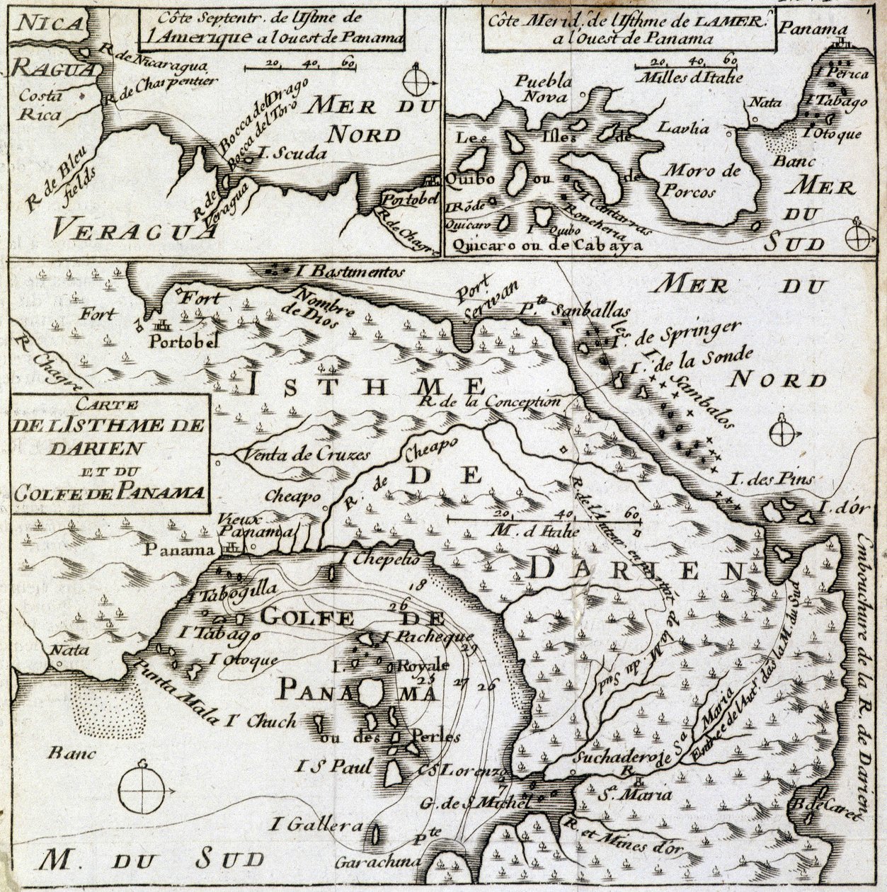 خريطة برزخ دارين وخليج بنما في "" رحلة جديدة حول العالم "بقلم غيوم دامبير (ويليام دامبير) بواسطة المدرسة الفرنسية