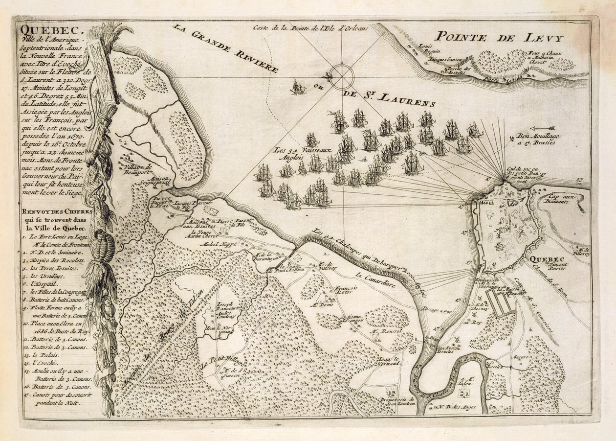 خريطة لحصار كيبيك من قبل الأسطول البريطاني ، 1670 بواسطة المدرسة الفرنسية