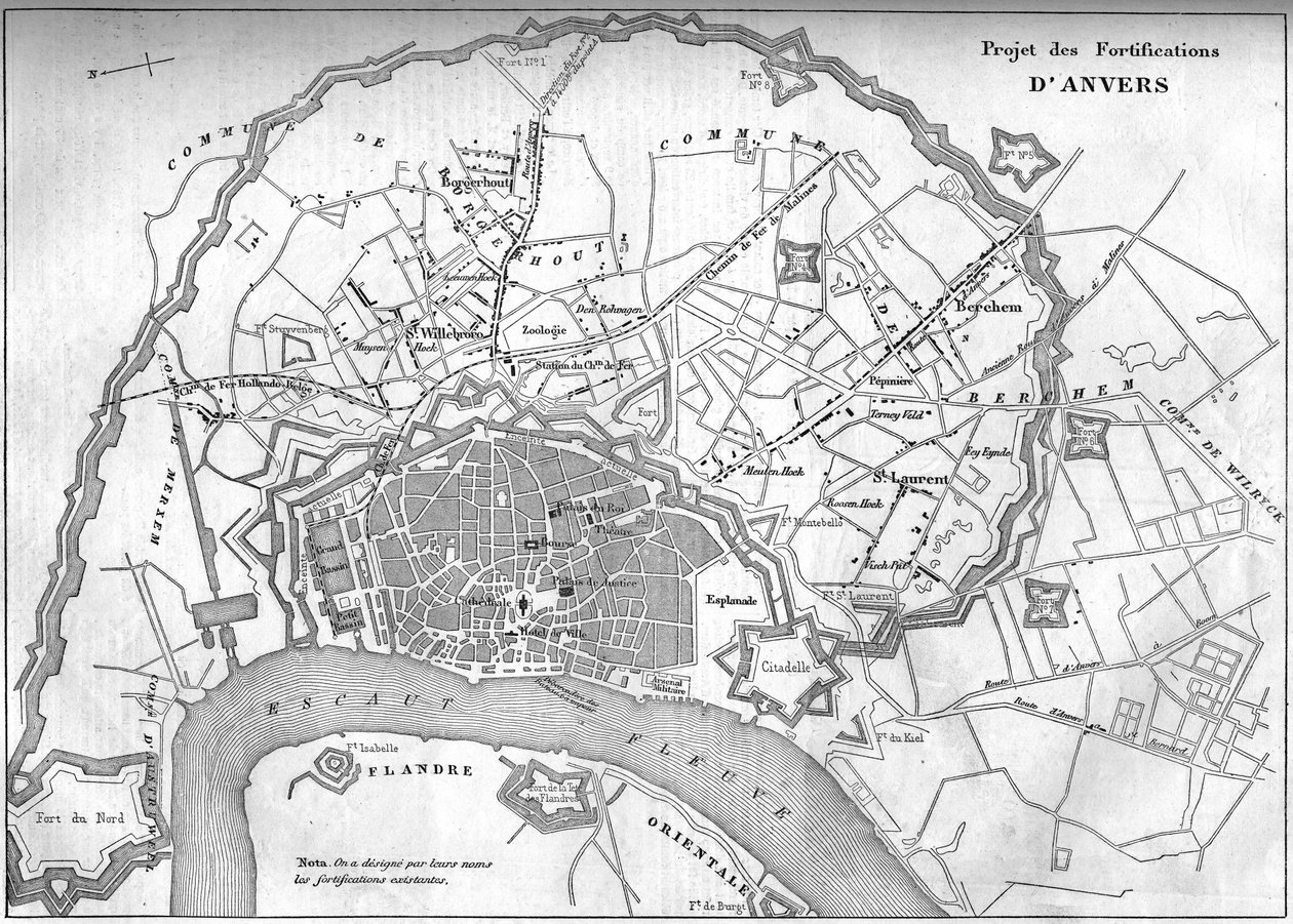 خريطة مدينة أنتويرب (بلجيكا) في عام 1859 ؛ تمثل مشروع التحصينات الجديدة. نقش في "" Le Monde Illustré "" رقم 128 بتاريخ 24 سبتمبر بواسطة المدرسة الفرنسية