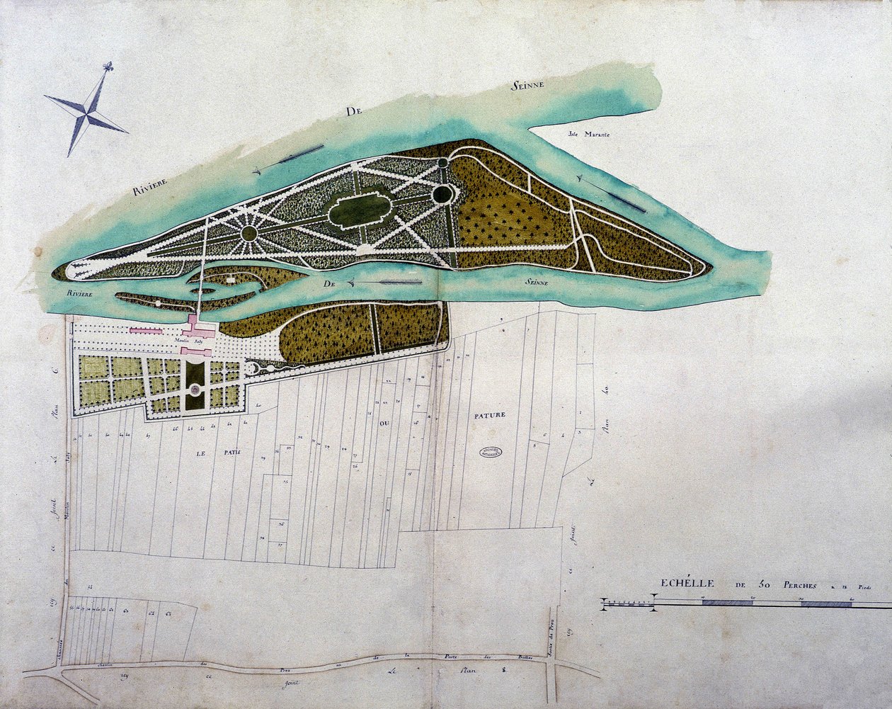 خريطة حديقة مولان جولي. لوحة من أطلس مخططات أراضي كولومبوس (1780) ، محفوظة في الأرشيف الوطني. بواسطة المدرسة الفرنسية