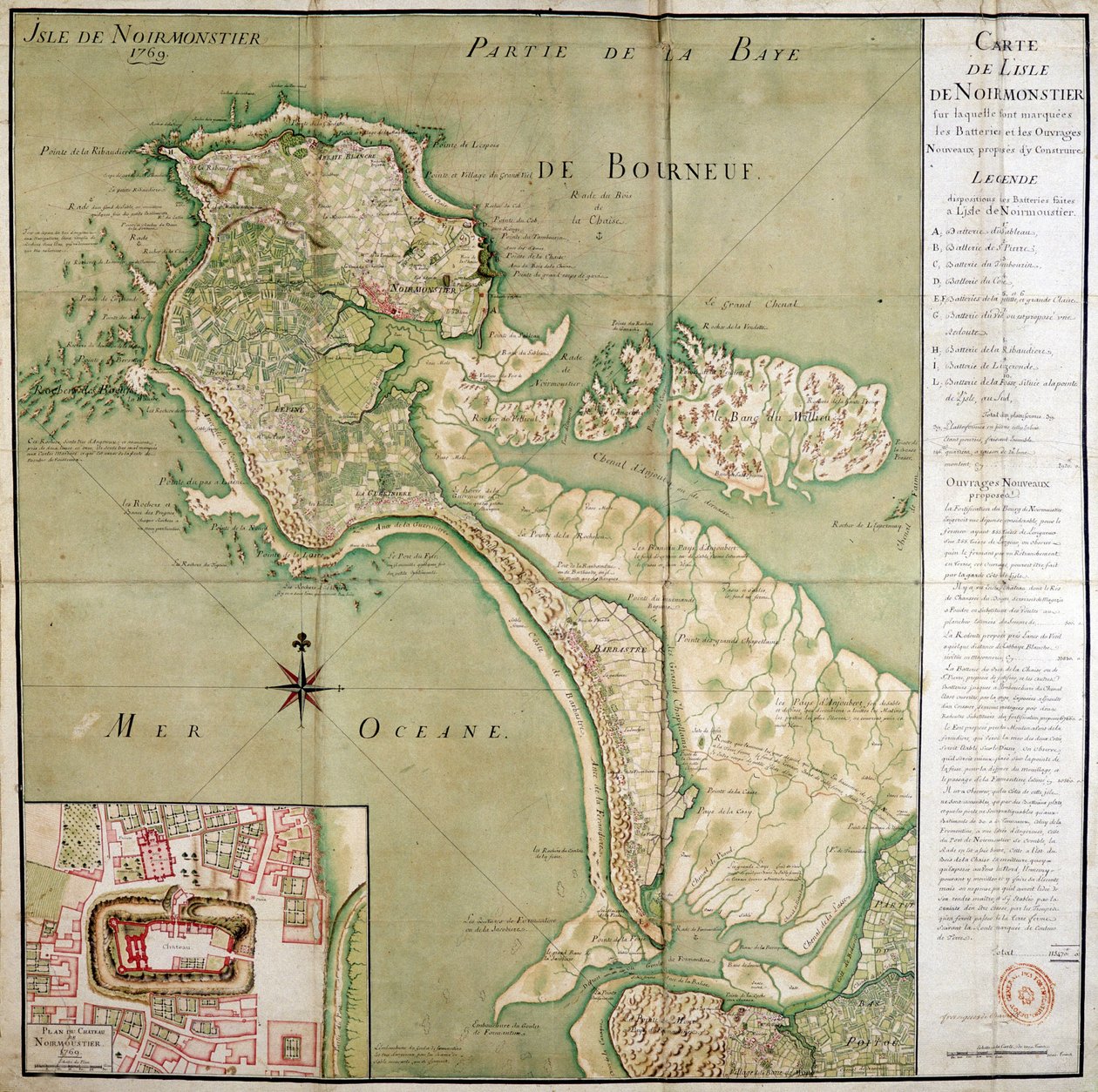 Map of the island of Noirmoutier accompanied by a map of the castle, made in 1769. بواسطة المدرسة الفرنسية