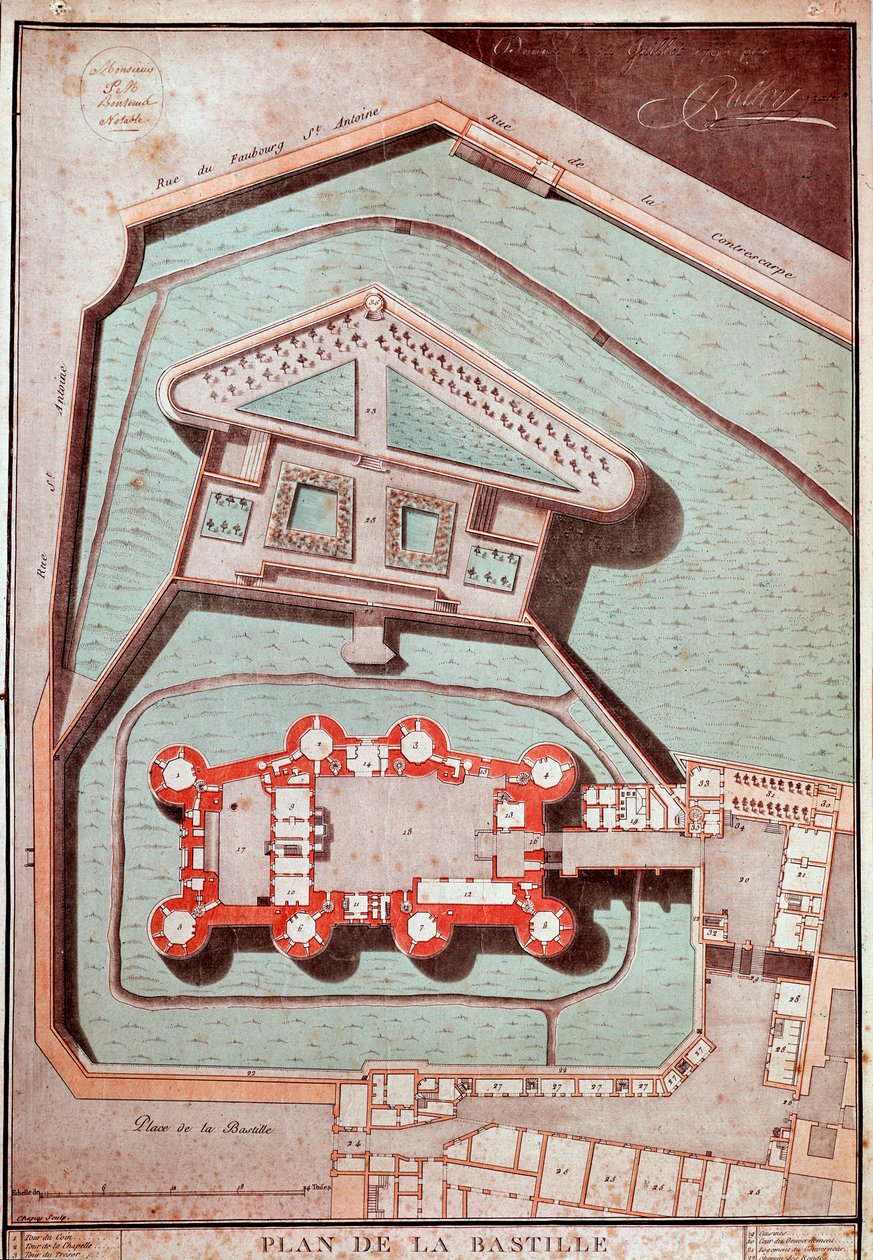 Map of the prison and the gardens of the Bastille (engraving بواسطة المدرسة الفرنسية