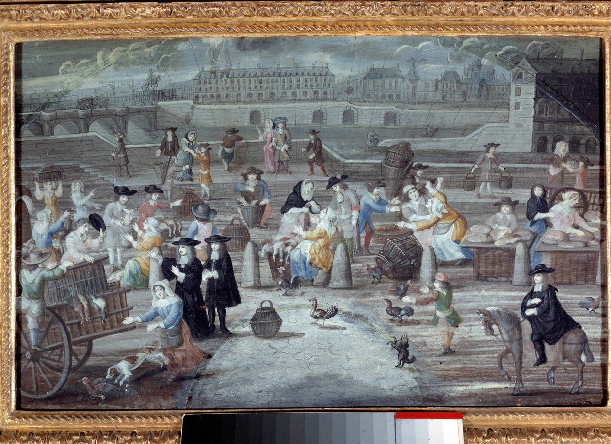 Marche à la poultry et au bread، quai des Grands Augustins in Paris عام 1660. لوحة فرنسية مجهولة بواسطة المدرسة الفرنسية