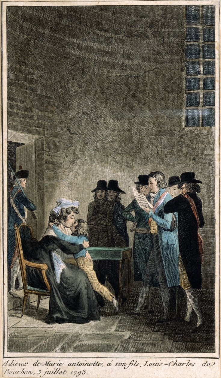 ماري أنطوانيت (1755-1793) تودع ابنها دوفان ، لويس شارل دي بوربون (1785-1795) في المعبد ، 3 يوليو 1793 ، (نقش الألوان في وقت استعادة المنى) بواسطة المدرسة الفرنسية