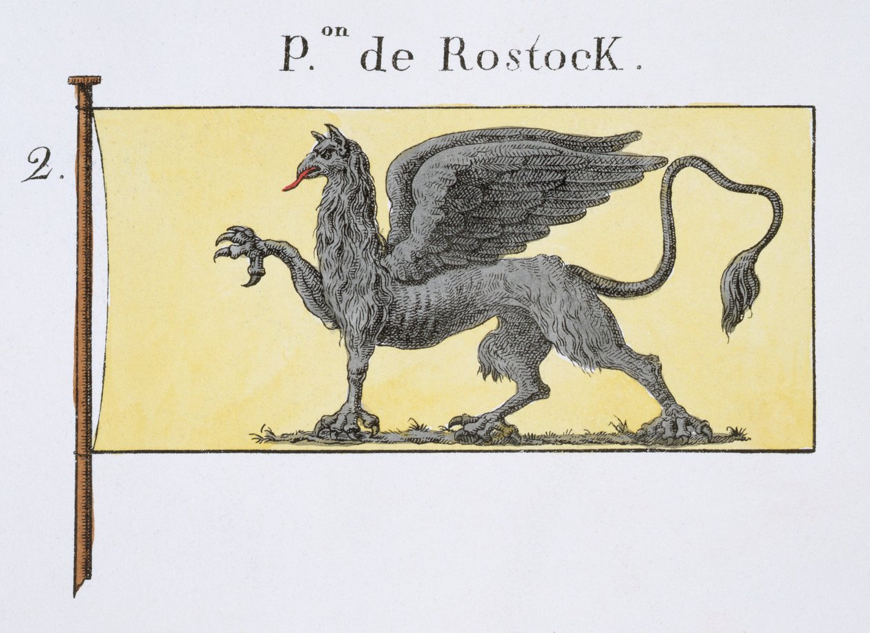 العلم البحري مع شعار Griffin الذي يشير إلى de Rostock Crest ، من كتاب الأعلام الفرنسي ، c.1819 بواسطة المدرسة الفرنسية