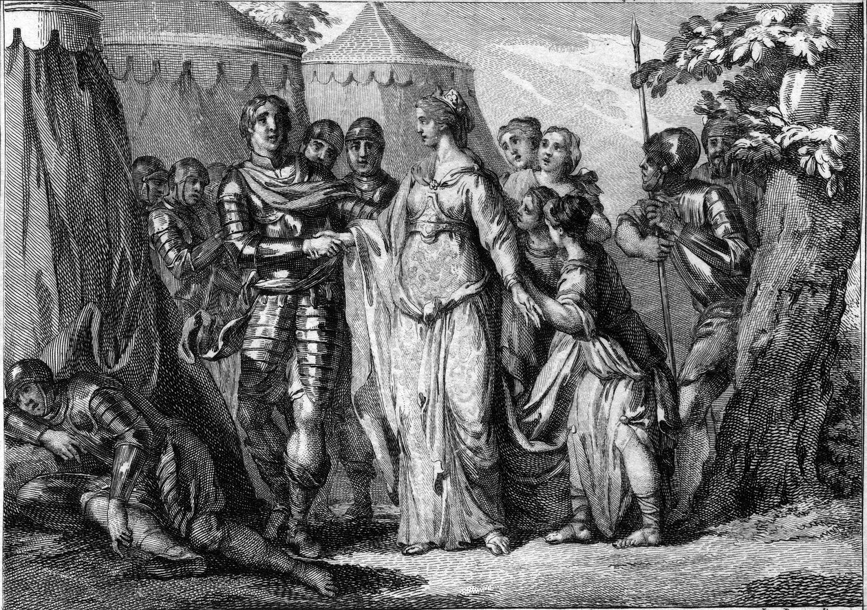 زواج Childeric الأول (حوالي 436-481 أو 482) ، ملك الساليان فرانك ، مع حوض تورينجيا (445-491) ، في 463. نقش من القرن الثامن عشر. بواسطة المدرسة الفرنسية