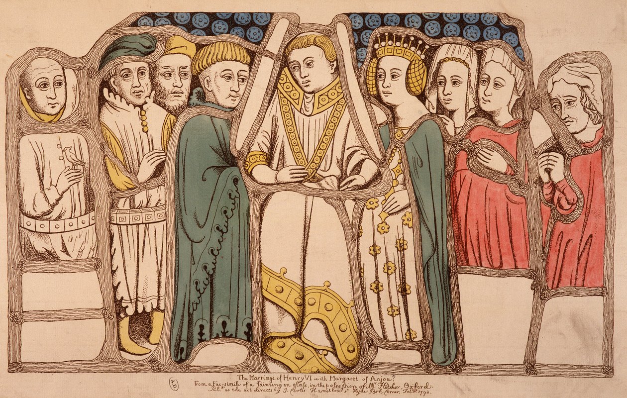 زواج هنري السادس ملك إنجلترا (1421 - 1471) ومارجريتا أنجو (1429 - 1482) عام 1445. نقش من 1793. الكتاب المقدس. آرت ديكو في باريس. بواسطة المدرسة الفرنسية