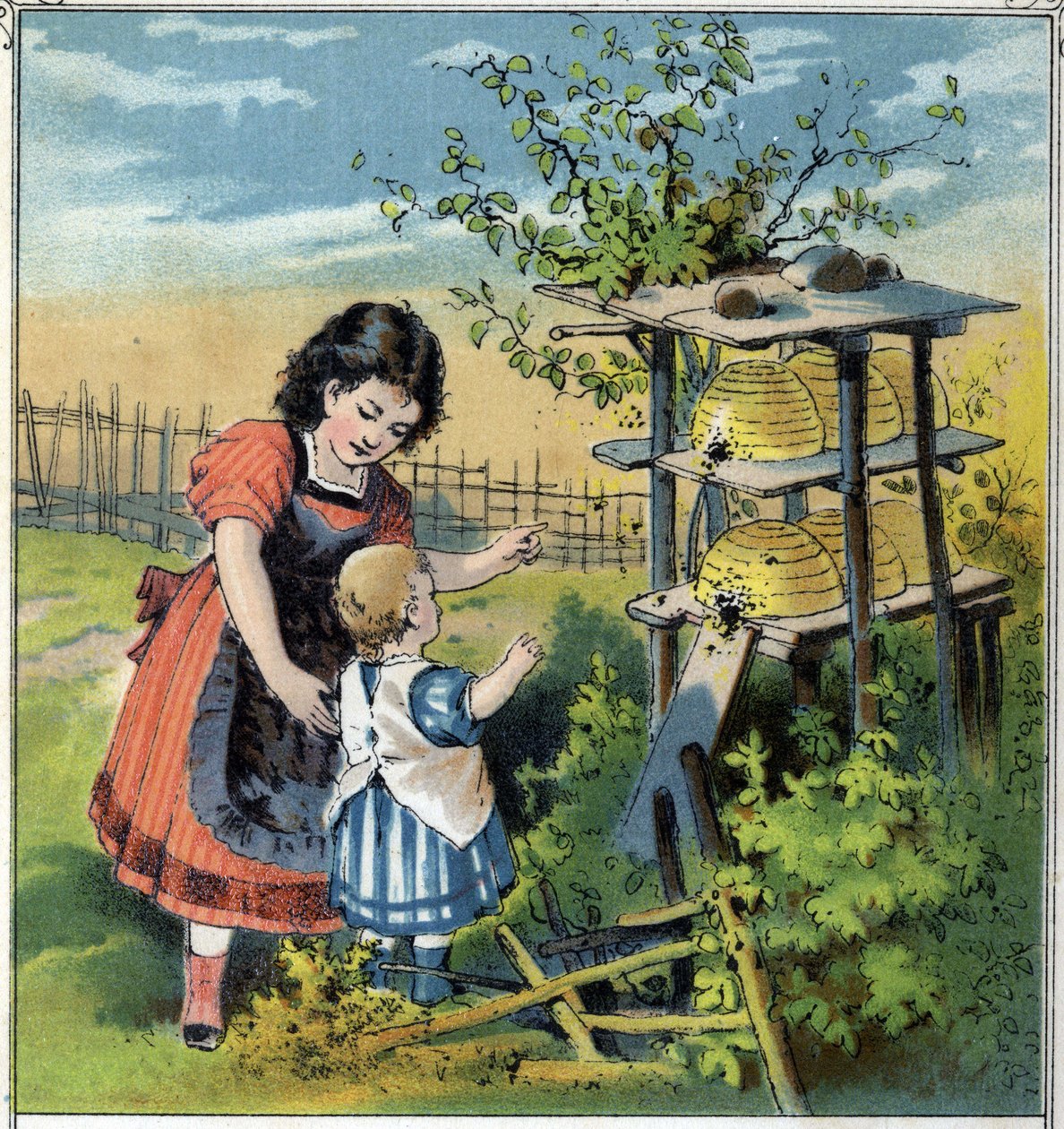 Martha shows the work of the bees in the hive to her little sister. Chromolithography from “” Scenes enfantines””” ed. Guerin - Muller circa 1885. بواسطة المدرسة الفرنسية