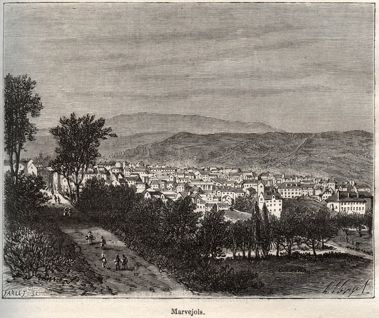Marvejols - Lozere - Languedoc-Roussillon - نقش في "فرنسا اللامعة: الجغرافيا والتاريخ والإدارة الإحصائية" بقلم V.-A. الشعير براون. 1884 بواسطة المدرسة الفرنسية