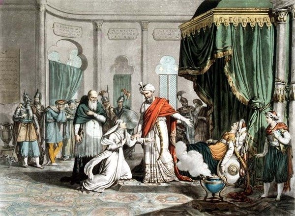 ماتيلدا تطلب من صلاح الدين الأيوبي جثة مالك عدل ، نقش بيير ميشيل أليكس (1762-1817) (نقش) بواسطة المدرسة الفرنسية