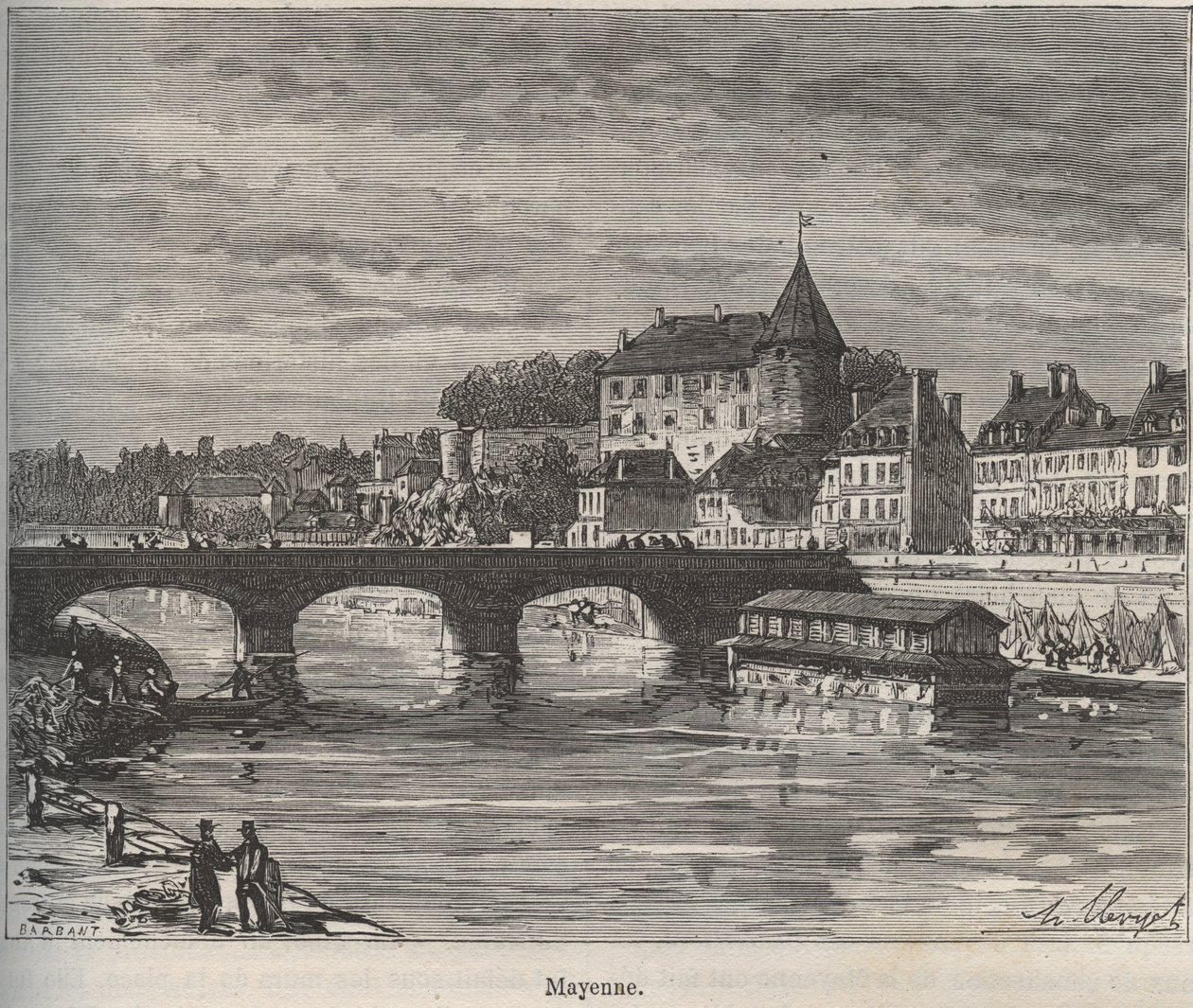 Mayenne هي بلدية في غرب فرنسا في منطقة Pays de la Loire - نقش في "La France illustree: الجغرافيا والتاريخ وإحصاء الإدارة" بقلم V.-A. الشعير براون. 1884 بواسطة المدرسة الفرنسية