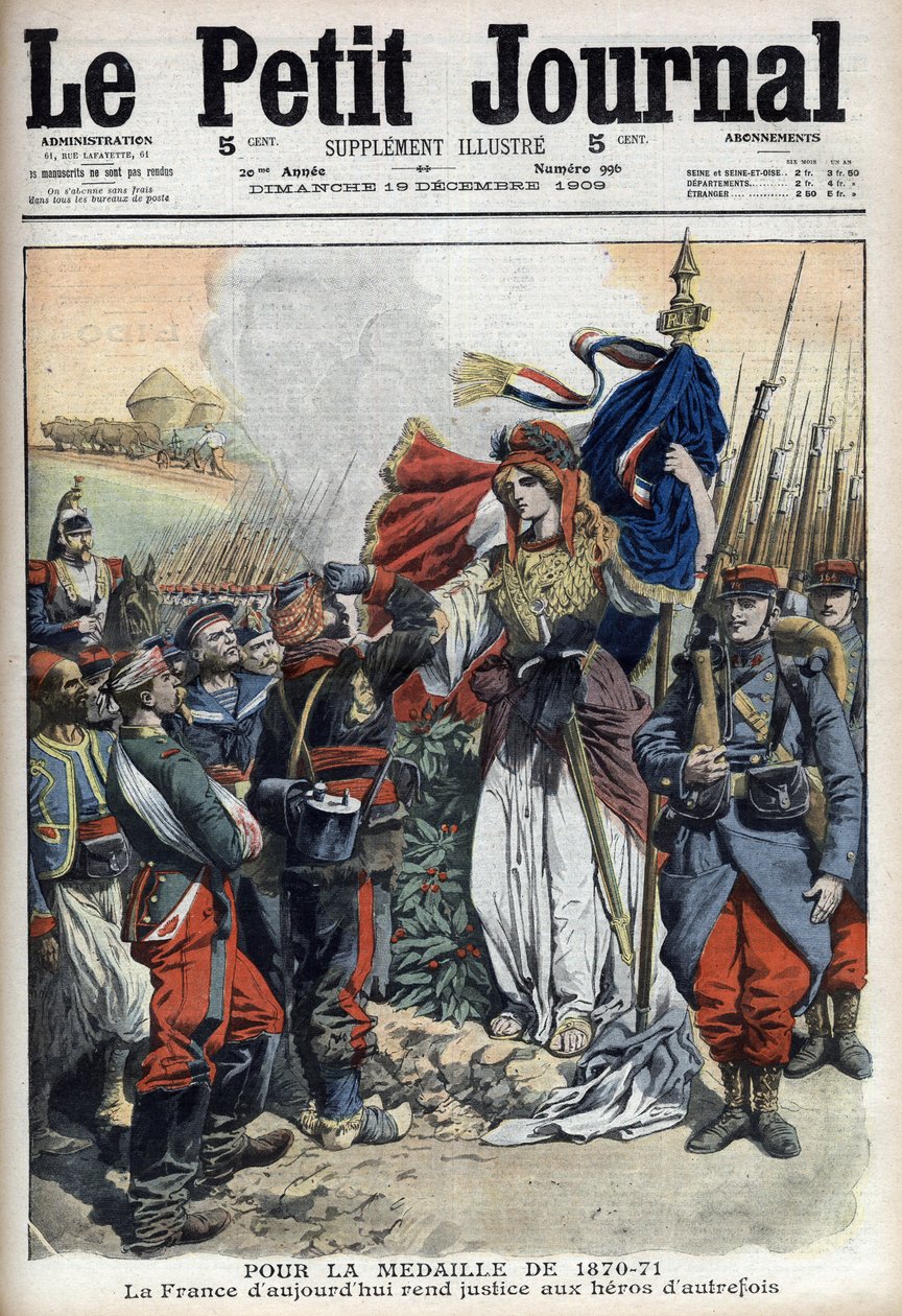 وسام قدامى المحاربين في حرب 1870-1871: حكاية رمزية لفرنسا تحقق العدالة لأبطال الماضي - "لو بيتي جورنال" بتاريخ 19 ديسمبر 1909 (نقش) بواسطة المدرسة الفرنسية