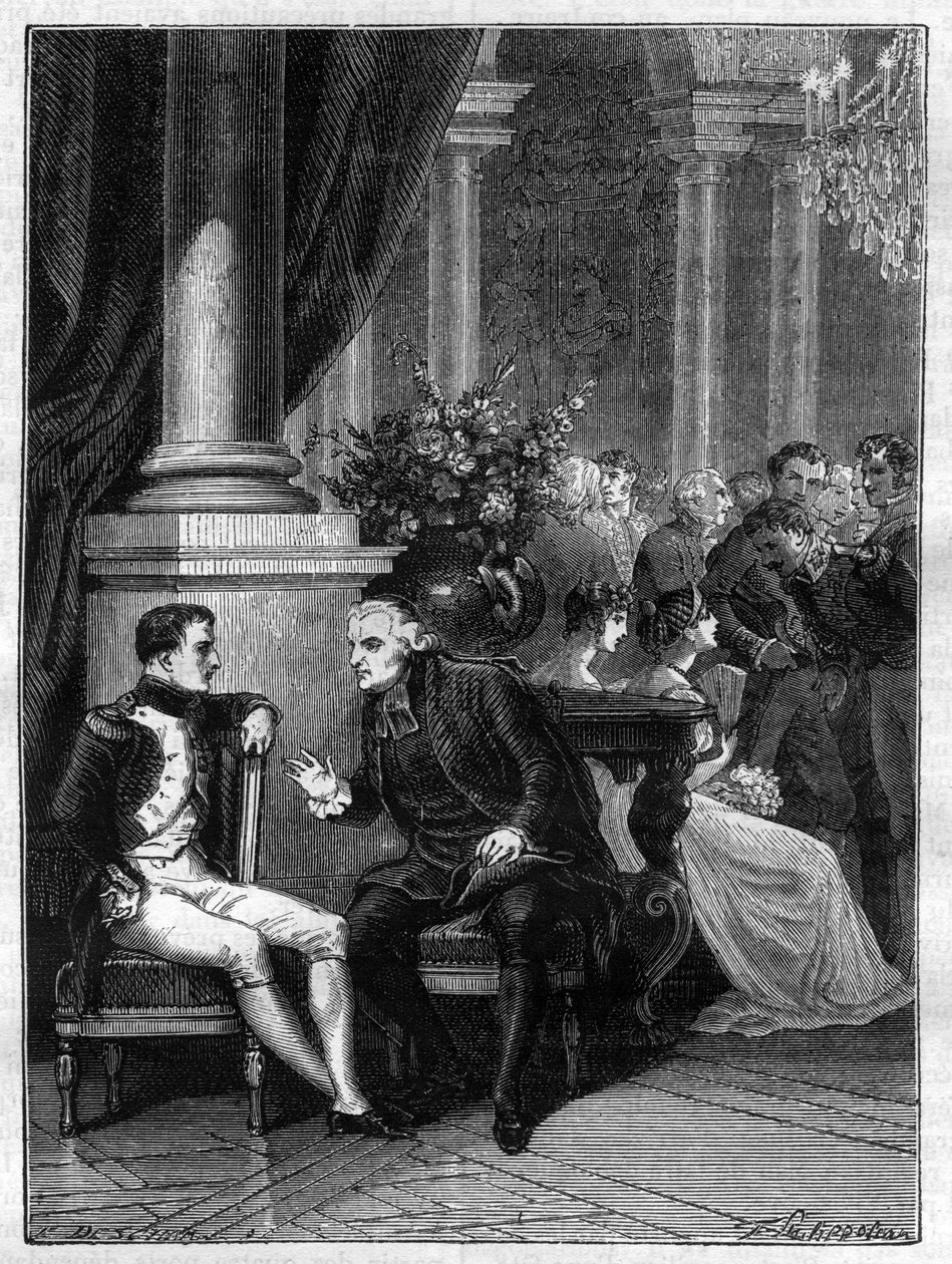 لقاء في جينات (جينوفا) في إيطاليا لنابليون الأول مع الكاردينال جان سيفرين موري (1746-1817) 1805 - في "تاريخ الإمبراطورية بعد تاريخ القنصلية" لأدولف تيير - 1879 - مجموعة خاصة بواسطة المدرسة الفرنسية
