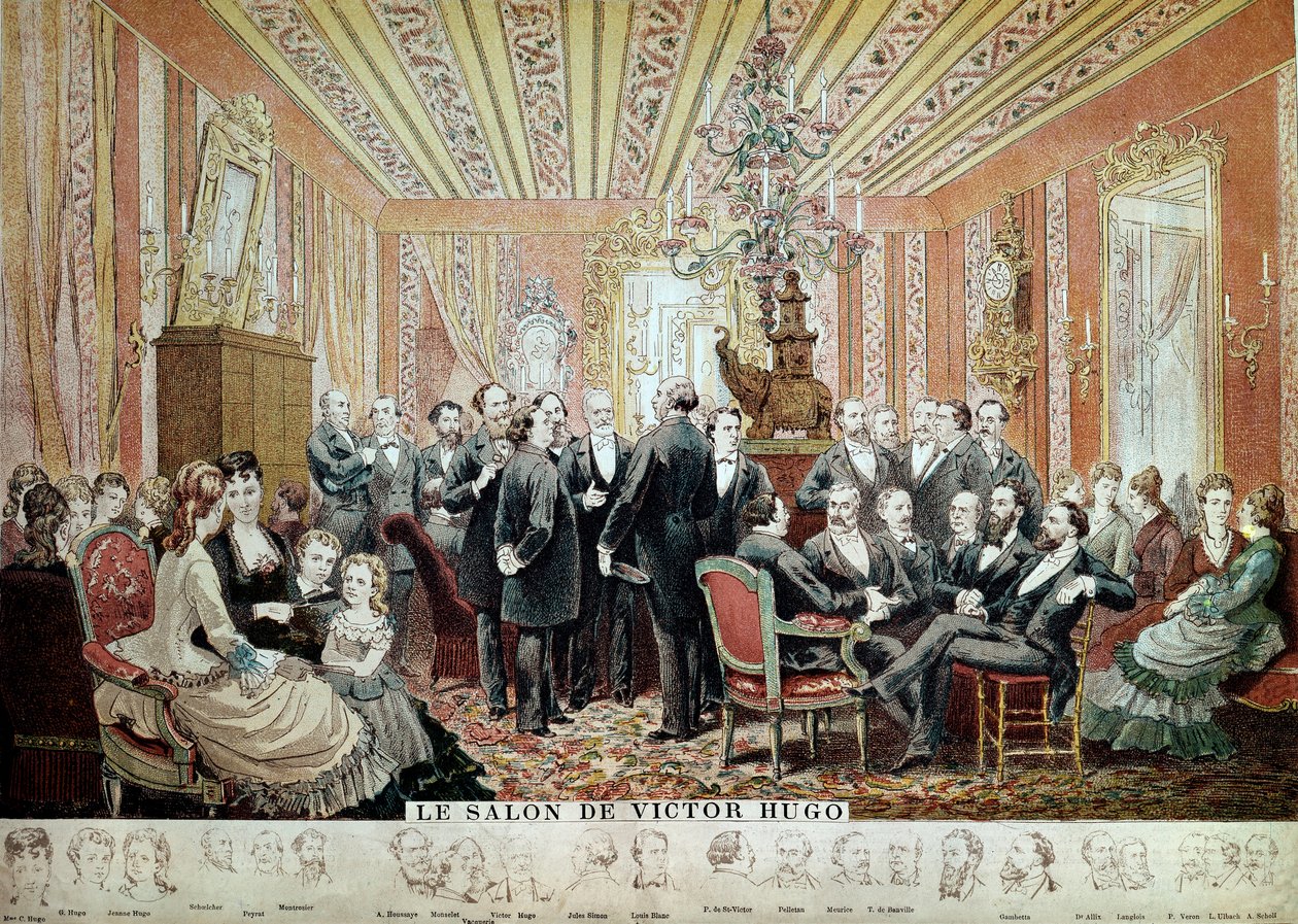 اجتماع في صالون Litteraire في Maison Hugo ، باريس ، حوالي 1875 (نقش) بواسطة المدرسة الفرنسية