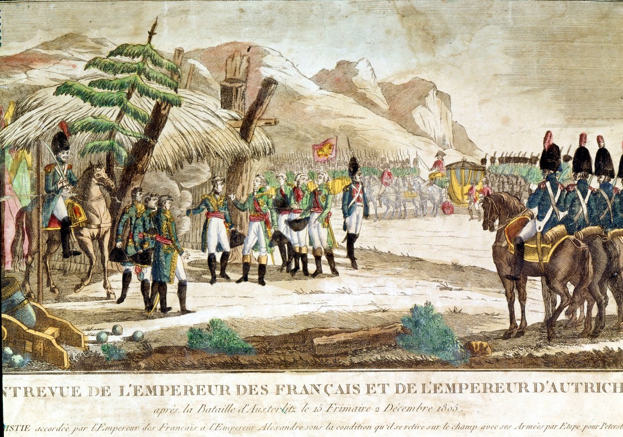 لقاء الإمبراطور نابليون الأول وإمبراطور النمسا فرانسوا الثاني (1768 - 1835) بعد معركة أوسترليتز في 2/12/1805. بواسطة المدرسة الفرنسية