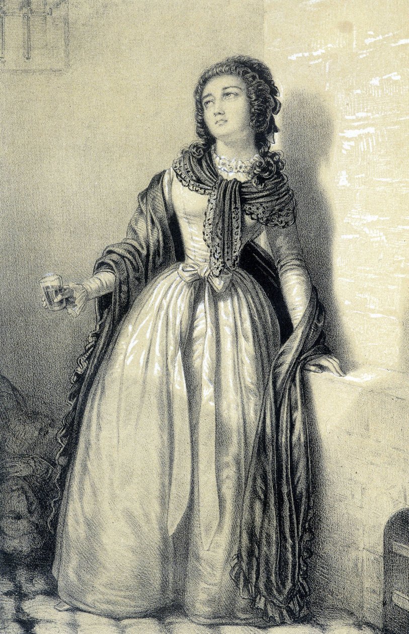 Melle (Mademoiselle) de Sombreuil مسجونة في دير سان جيرمان وهي تشرب كأس الدم لإنقاذ والدها من أيدي الثوار - في "Galerie historyique de la Revolution Française" بقلم ألبرت مورين ، محرر. باريس 1843 بواسطة المدرسة الفرنسية