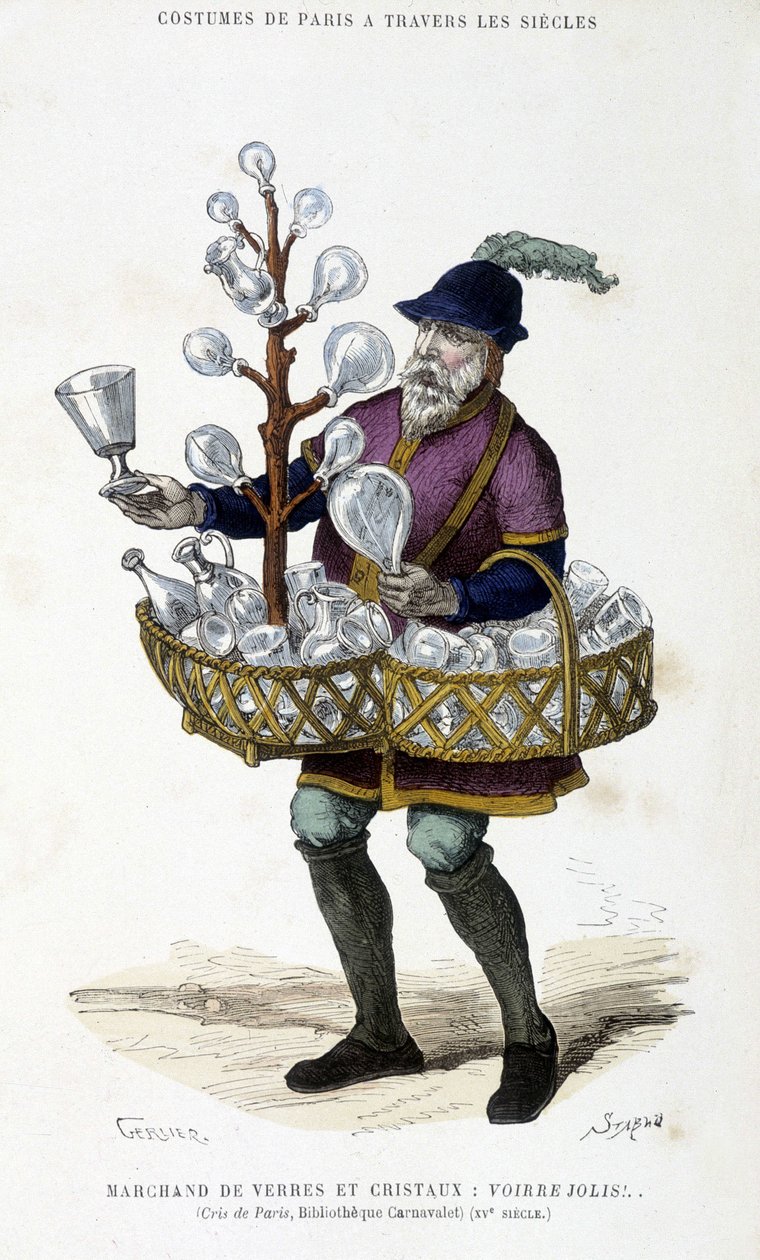 Merchant of glasses and crystals in the 15th century - in “Paris a travers les siecles”” by H. Gourdon de Kenouillac, ed. F. Roy, Paris بواسطة المدرسة الفرنسية