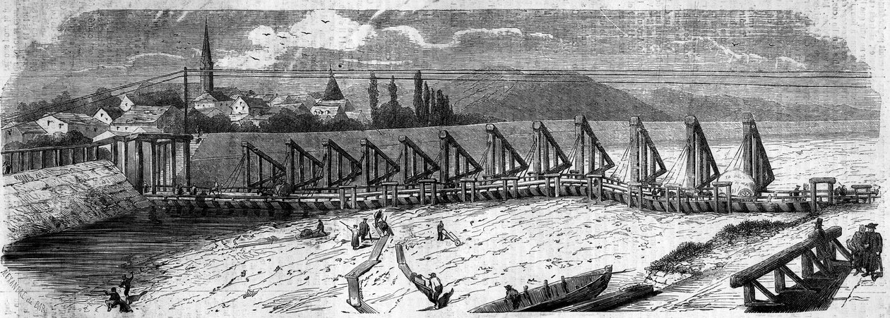 ظواهر الأرصاد الجوية: جفاف نهر الراين عام 1858. منظر لجسر كيل (ألمانيا) ، تم التقاطه في اتجاه مجرى النهر للساحل الفرنسي. نقش في "" Le Monde Illustré "" رقم 50 بتاريخ 27 مارس 1858. بواسطة المدرسة الفرنسية