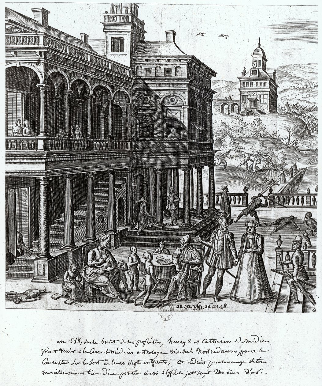 استشارة ميشيل دي نوسترادام (1503-66) حول مصير الأطفال السبعة لكاترين دي ميديسي (1519-1589) وهنري الثاني (1519-59) 1548 بواسطة المدرسة الفرنسية