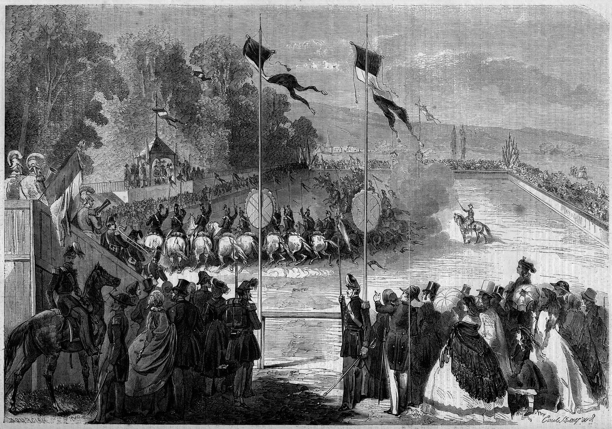 الدوامة العسكرية التي نفذها طلاب القديس سير (سان سير). موربيهان (56) ، 31 أغسطس 1861. نقش في "" Le Monde Illustré "رقم 230 بتاريخ 7 سبتمبر 1861. بواسطة المدرسة الفرنسية