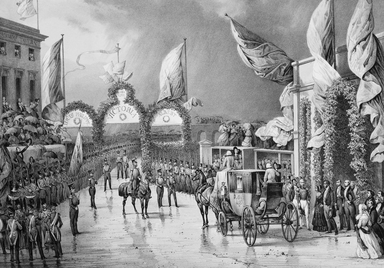 التكريم العسكري للملك أ جوسبورت - لويس فيليب الأول (1773-1850) ، ملك فرنسا ، الأمير ألبرت (1819-1861) وفيكتوريا (1819-1901) ، ملكة إنجلترا في محطة جوسبورت أثناء الرحلة الرسمية للويس فيليب إلى بريطانيا (1844) - لويس فيليب بواسطة المدرسة الفرنسية