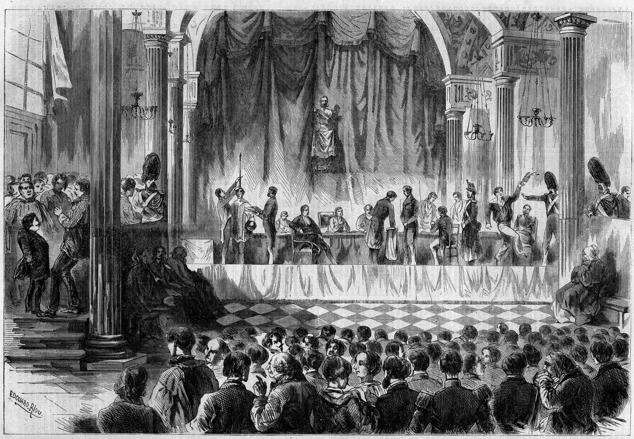 التجنيد العسكري: قرعة القرعة للمجندين عام 1858 ، في غرفة سان جان بفندق دو فيل في باريس. نقش في "" Le Monde Illustré "" رقم 44 بتاريخ 13 فبراير 1858. بواسطة المدرسة الفرنسية