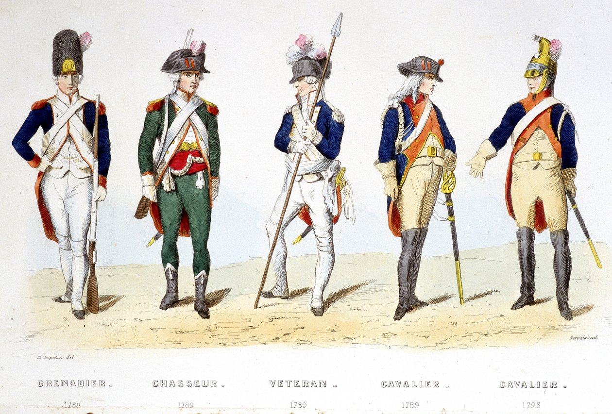 الزي العسكري تحت ثورة 1789: غرينادير (1789) ، صياد (1789) ، محارب قديم (1789) ، فارس (1789) ، فارس (1793) - في "Fasttes de Gardes nationales de France" بواسطة المدرسة الفرنسية