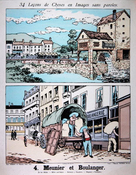 ميلر وبيكر ، رسم توضيحي من كتاب مدرسي ابتدائي ، حوالي عام 1900 (لون ليثو) بواسطة المدرسة الفرنسية