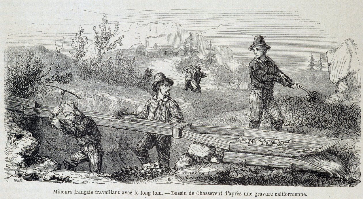 Miners (gold seekers) french working with the long tom - in “” Tour du monde”” بواسطة المدرسة الفرنسية