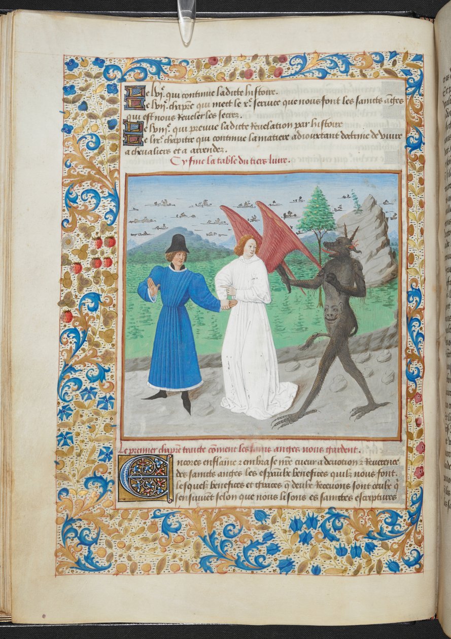 صورة مصغرة لرجل مع الملاك الحارس والشيطان Sloane MS 3049 f. 27 ، ج. 1480 (ورق) بواسطة المدرسة الفرنسية