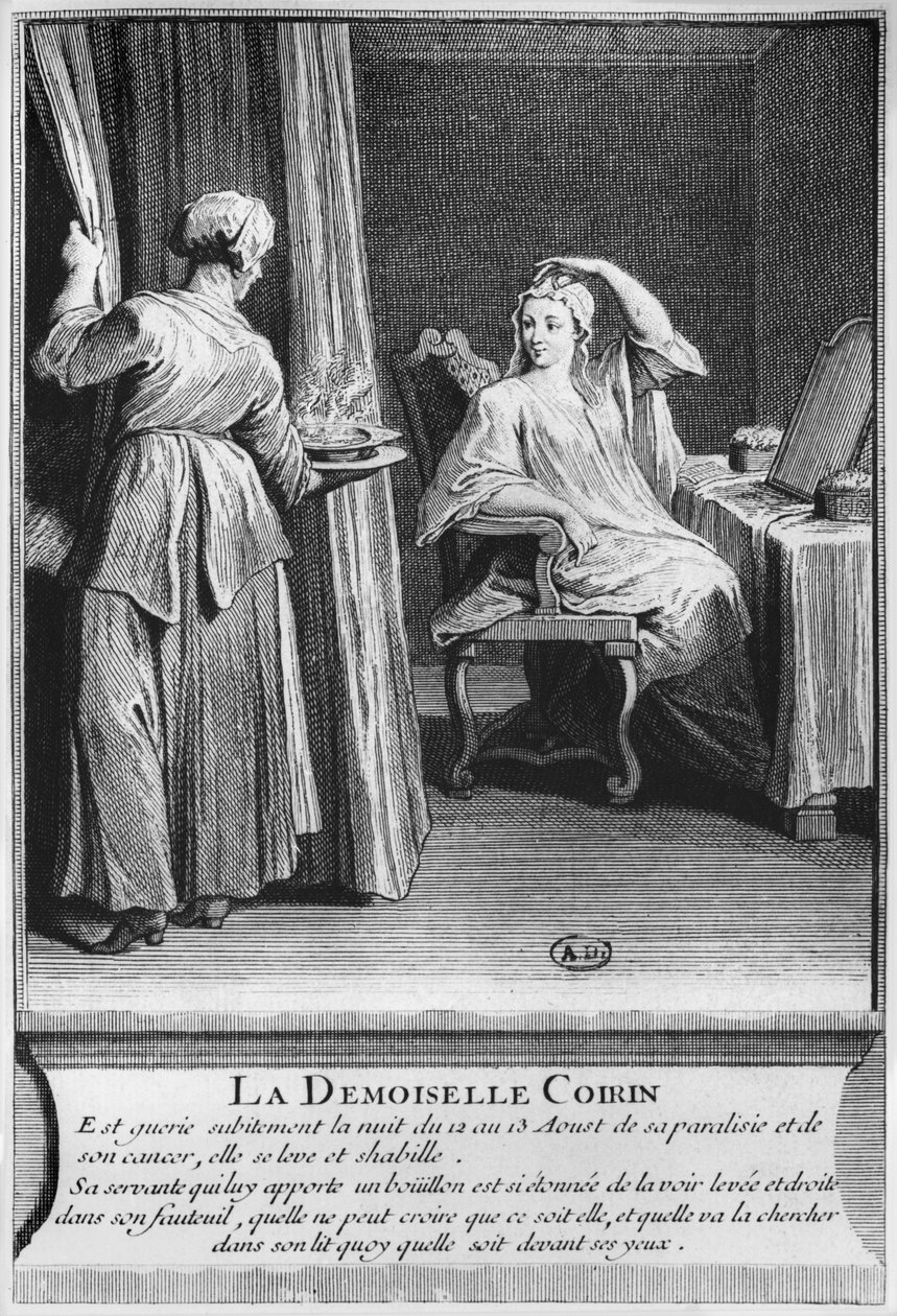 شفاء عجائبي لشلل وسرطان Demoiselle Coirin ، على قبر Deacon Francois de Paris في مقبرة الرعية Saint-Medard في باريس ، التوضيح من La verite des miracles de M بواسطة المدرسة الفرنسية