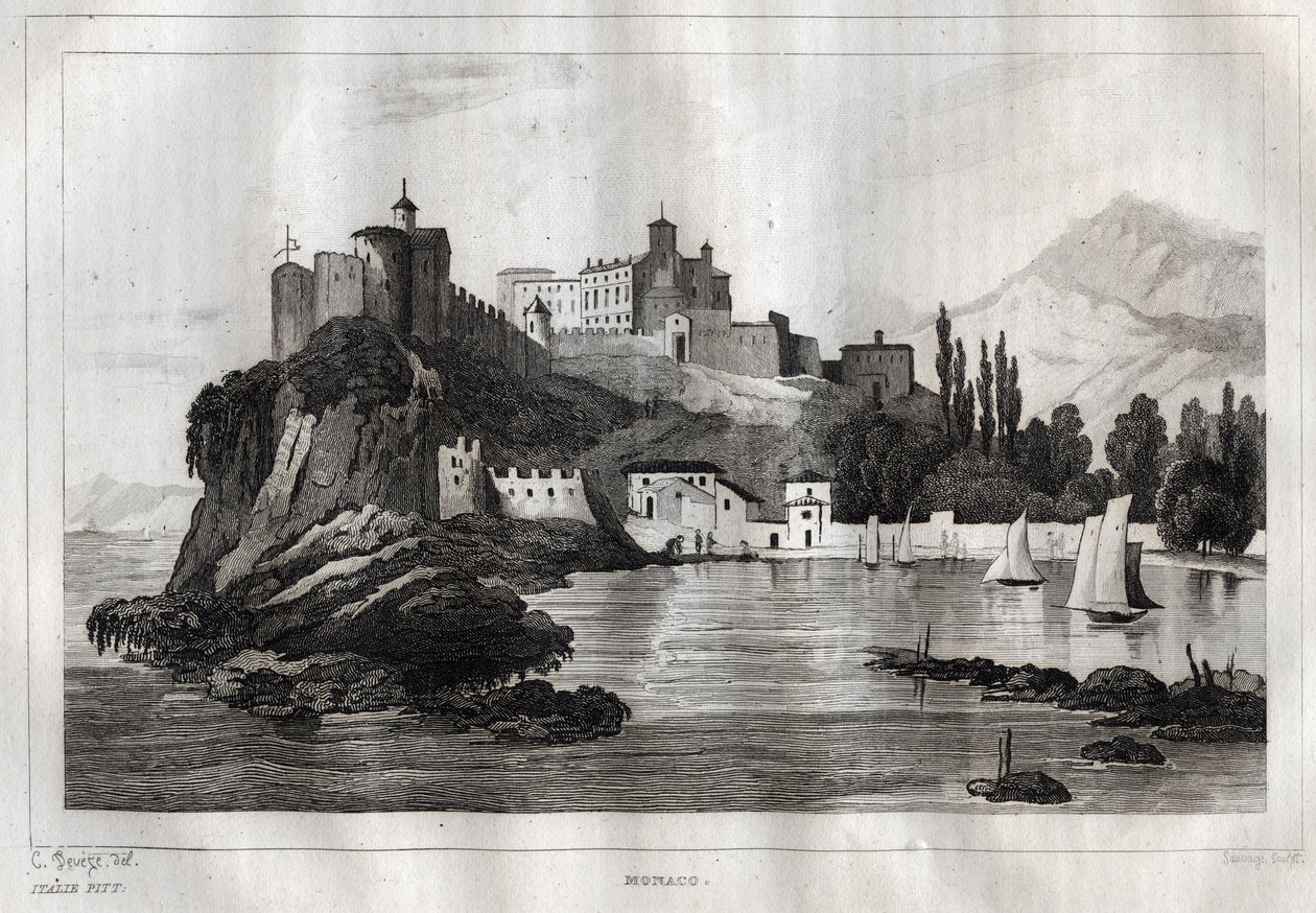 موناكو - نقش من "" إيطاليا الرائعة "" - رسم تاريخي ووصفي لإيطاليا "بقلم M. de Norvins ، الفصل. نودير 1834-1836. بواسطة المدرسة الفرنسية