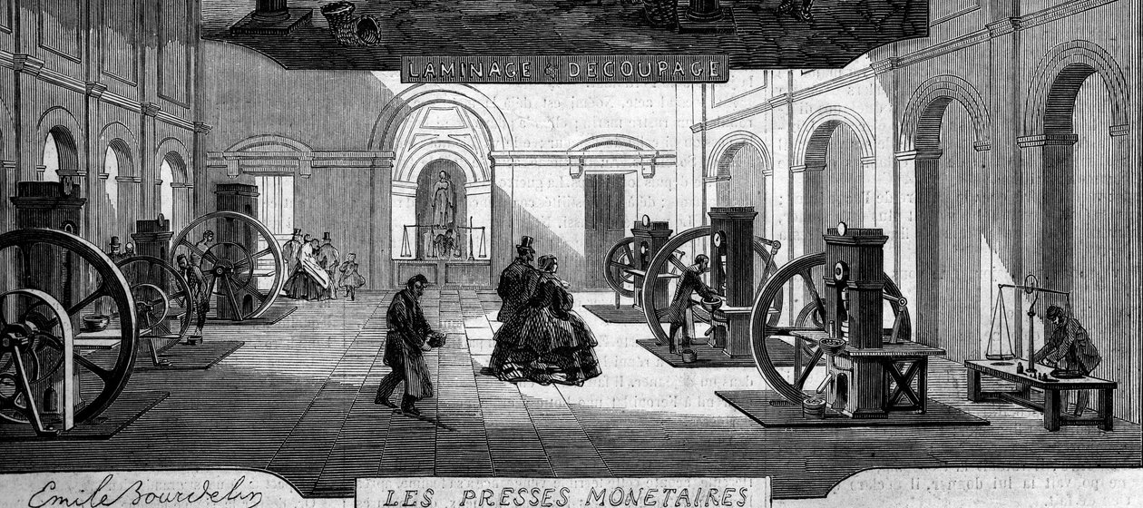 كسب المال: تسوق لمطابع النقود. نقش في "" Le Monde Illustré "" رقم 145 بتاريخ 21 يناير 1860. بواسطة المدرسة الفرنسية