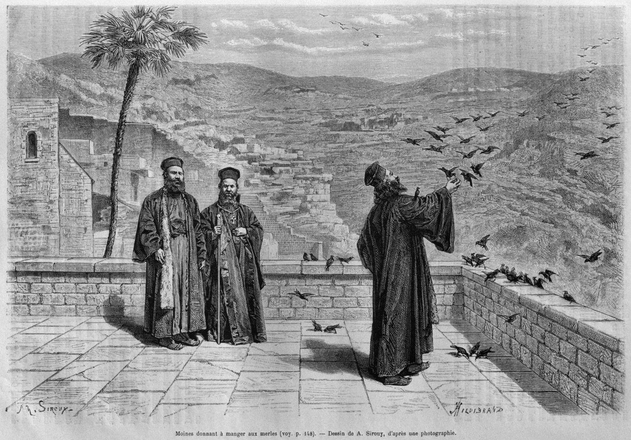 راهب يطعم الطيور ، دير مرسى ، من سوريا اليوم. رحلات إلى فينيسيا لبنان وجودي. 1875-1880 من لويس تشارلز إميل لورت ، 1884 (النقش وزن الجسم) بواسطة المدرسة الفرنسية