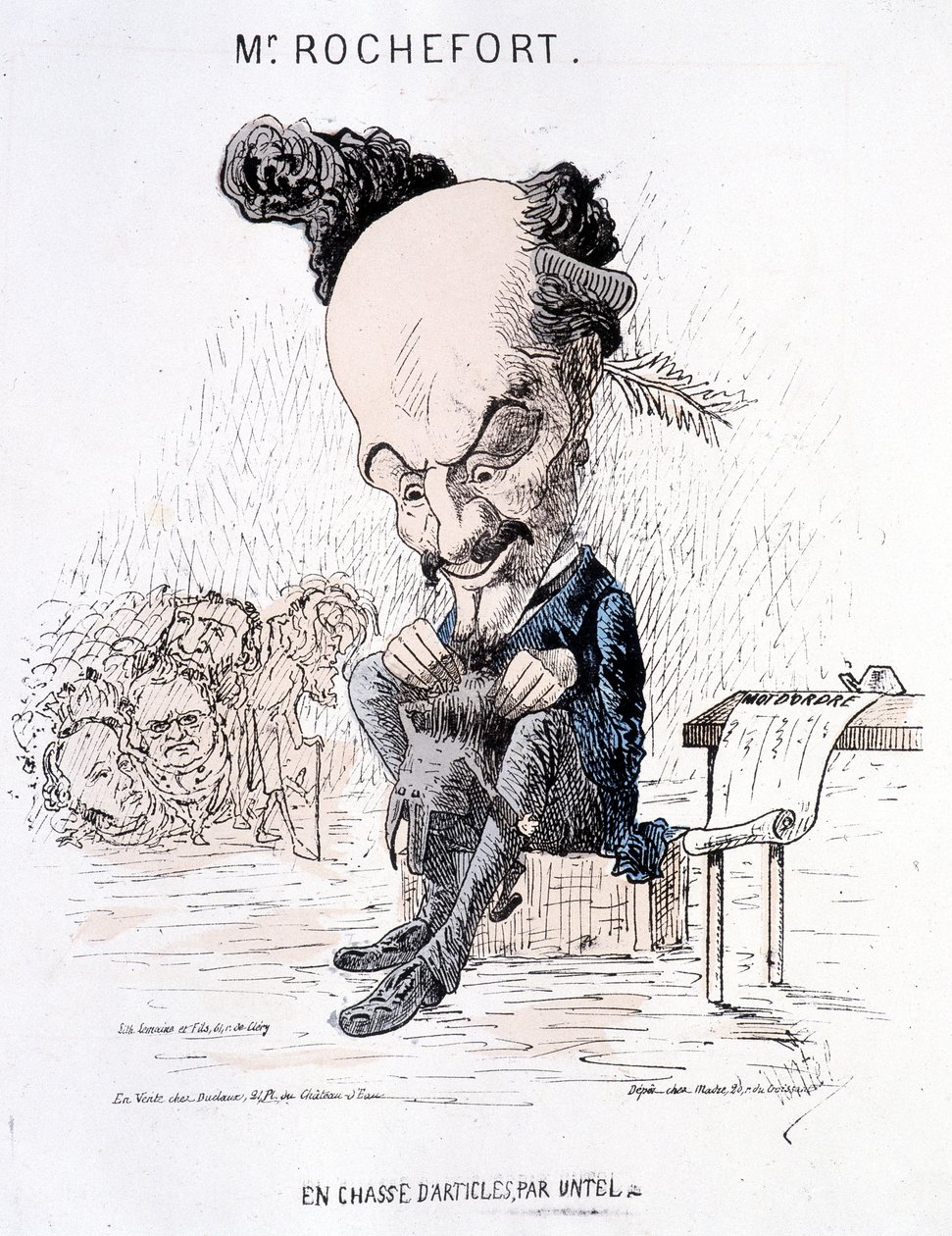 Monsieur Rochefort بحثًا عن مقالات كتبها Untel. رسم كاريكاتوري عن روشفور والكومونة. بواسطة المدرسة الفرنسية