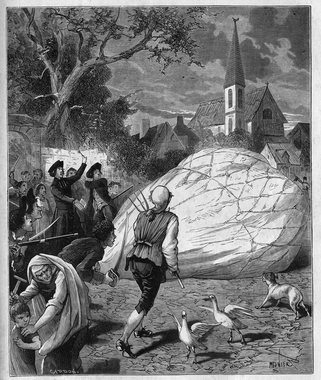 سقط بالون Monsieur de Montgolfier الهوائي على Gonesse (Val-d'Oise) في 27 أغسطس بواسطة المدرسة الفرنسية