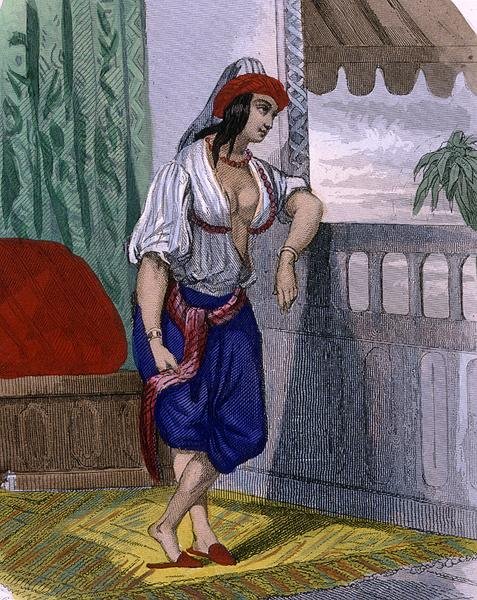 امرأة مغاربية ، حوالي 1840 (نقش ملون) بواسطة المدرسة الفرنسية