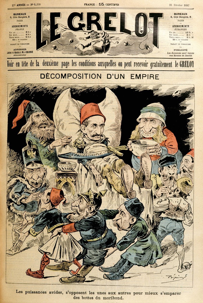 تركيا الموريبوند والقوى الأجنبية التي تقاتل من أجل حذائه ، تغطي "لو غريلوت" 21/2/1897. بواسطة المدرسة الفرنسية