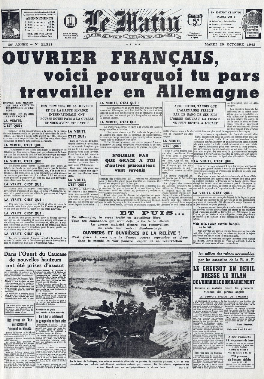 جريدة الصباح رقم 21311 بتاريخ 20 أكتوبر 1942: The Sto - خدمة العمل الإجبارية - لماذا تذهب للعمل في ألمانيا - بواسطة المدرسة الفرنسية