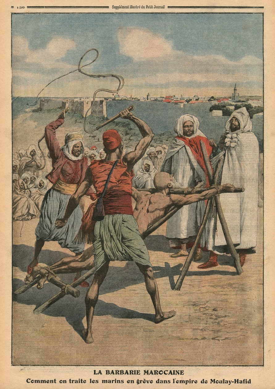 بربرية مغربية ، كيف يتم التعامل مع البحارة المضربين ، توضيح من `` Le Petit Journal &39;&39; ، ملحق Illustre ، 24 أبريل 1910 بواسطة المدرسة الفرنسية