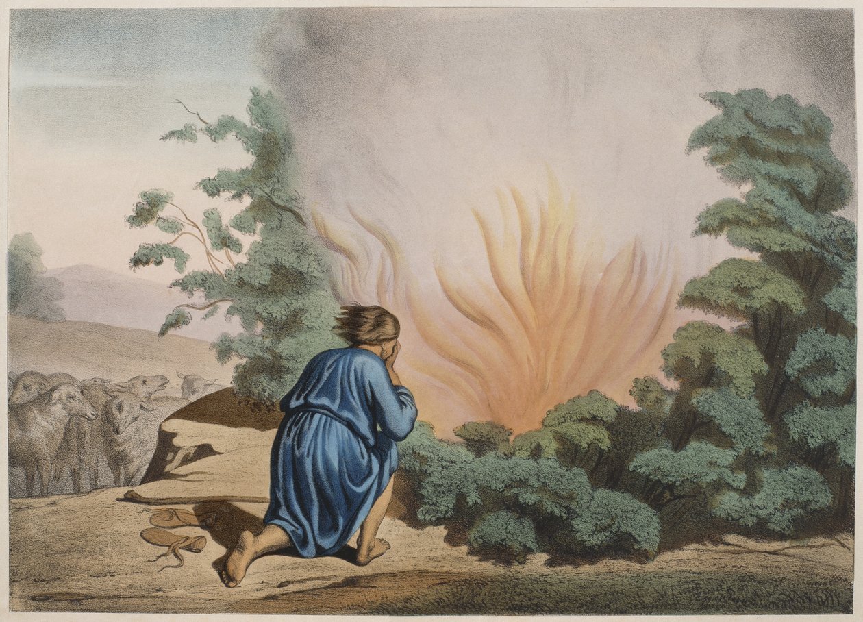 موسى والبوش المحترق ، رسم توضيحي من التعليم المسيحي Listoire Sainte ، نشره تشارلز ديلاجراف ، باريس ، أواخر القرن التاسع عشر بواسطة المدرسة الفرنسية