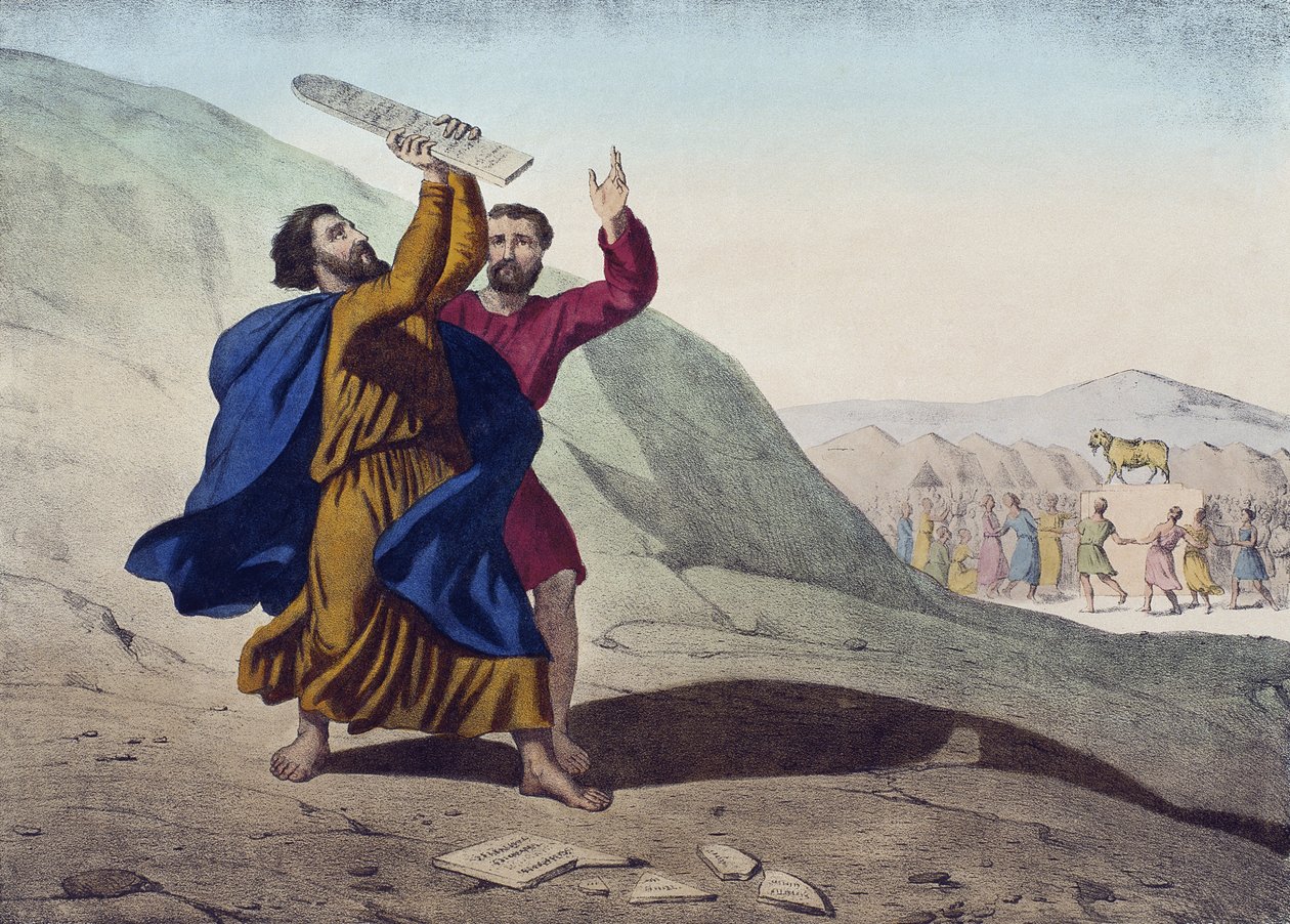 موسى يكسر ألواح القانون وعشق العجل الذهبي ، رسم توضيحي من التعليم المسيحي LHistoire Sainte ، نشره تشارلز ديلاجراف ، باريس ، أواخر القرن التاسع عشر بواسطة المدرسة الفرنسية