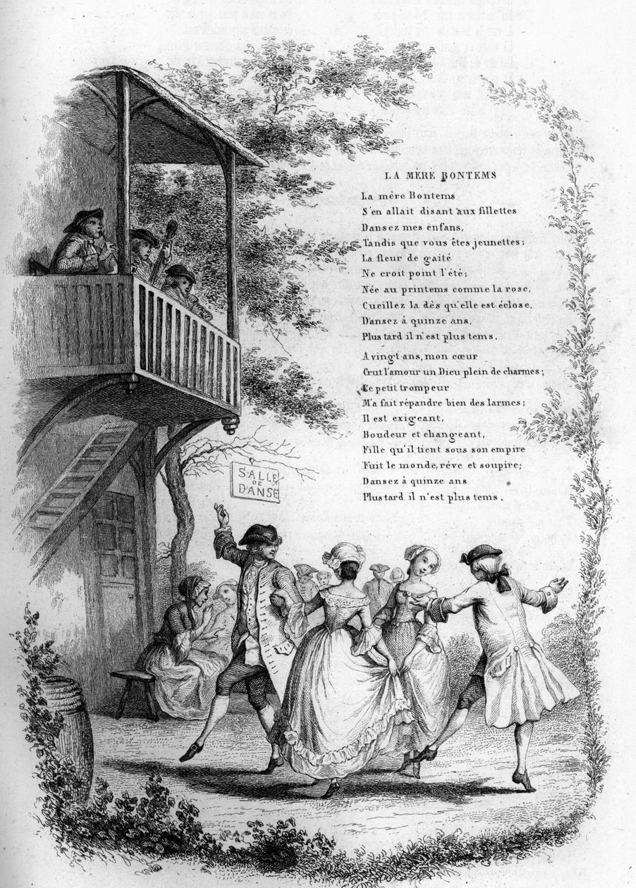 الأم بونتمس (بونتمبس). رقص الأزواج الشباب في قرية مع موسيقيين على الشرفة. نقش في "" Chants et chansons populaire de la France "" ، تومي 2 بواسطة المدرسة الفرنسية
