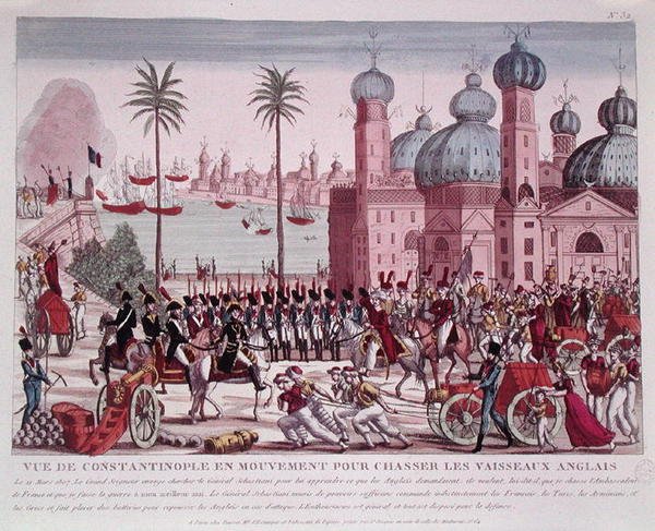 حركة القوات لإجبار السفن الإنجليزية من القسطنطينية ، 21 مارس 1807 (نقش ملون) بواسطة المدرسة الفرنسية