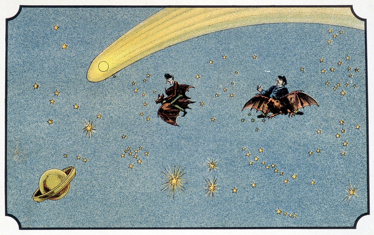 السيد بابوليفيش وخادمه بابافوين يركبان خفاشًا في الفضاء - في "" Voyage dans la lune "لـ A. de Ville-d'Avray بواسطة المدرسة الفرنسية
