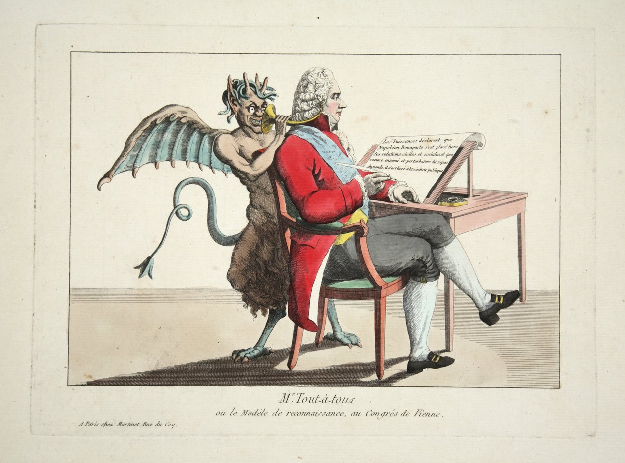 السيد Tout-a-tous أو نموذج الاعتراف ، في مؤتمر فيينا ، حانة. 1815 (نقش ملون) بواسطة المدرسة الفرنسية