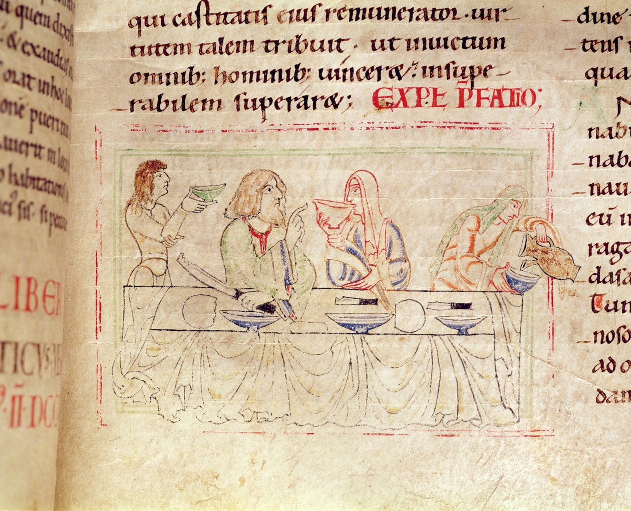 Ms.1215 t.3 fol.158v ، وجبة مع جوديث وهولوفرنيس ، من الكتاب المقدس لإتيان هاردينج ، 1109 بواسطة المدرسة الفرنسية
